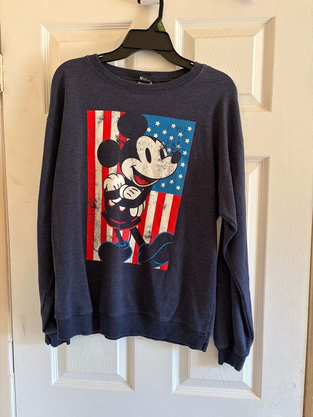 Disney Mickey Mouse Distressed American Flag Navy Crewneck Sweatshirt
